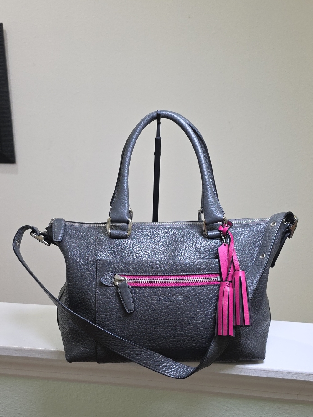 Coach 21140 Textured Legacy Satchel Shoulder 2 Way Bag Silver/Graphite/Berry - Picture 16 of 16